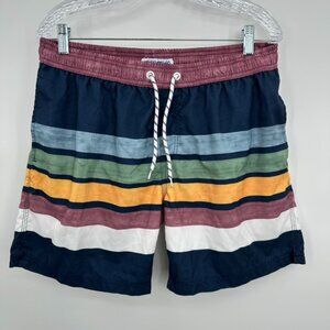 Maamgic Lined Swim Trunks Men Size L Stripe Print Retro Pockets Drawstring Beach